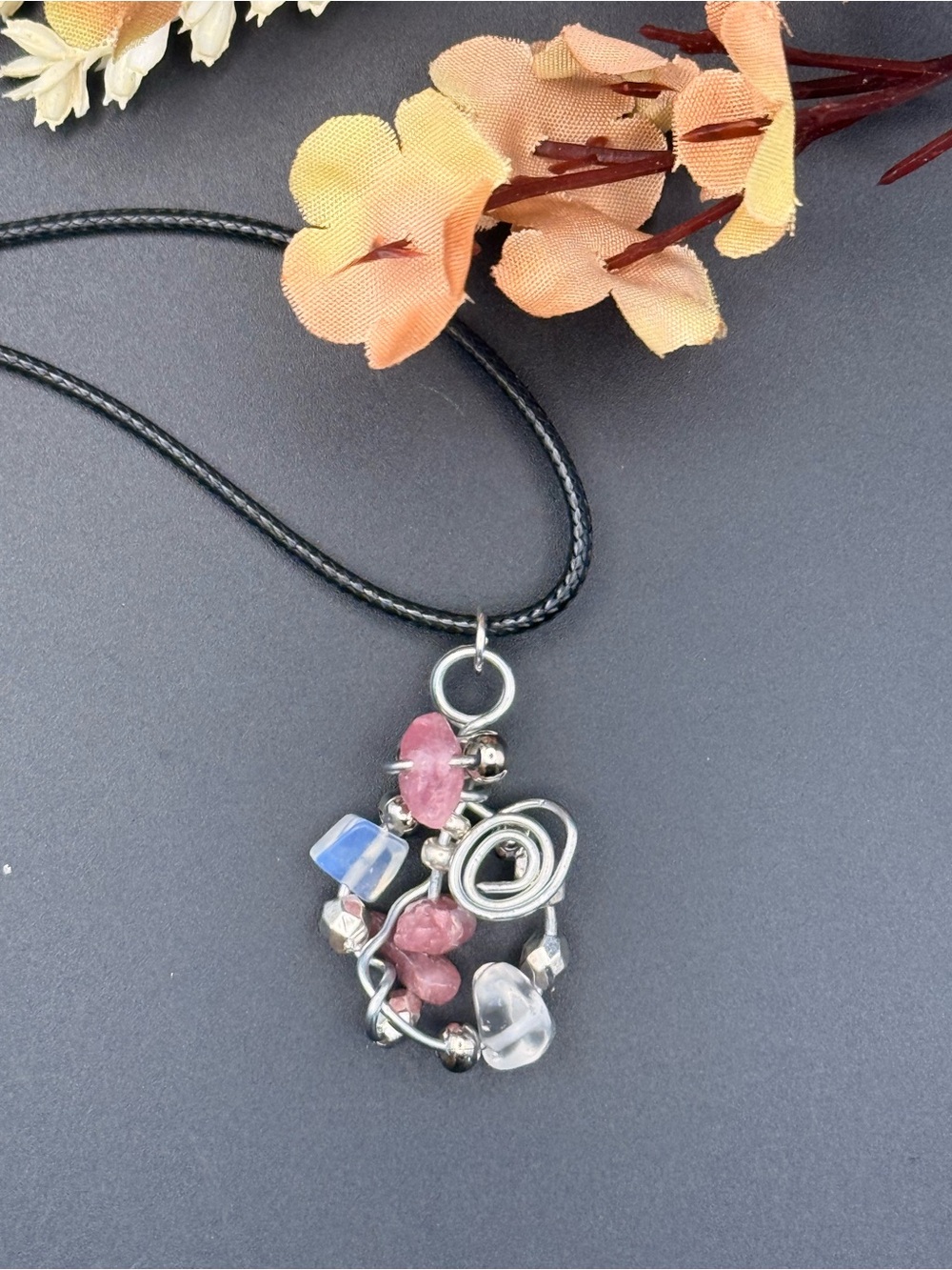 Artisan Whimsical Wire Wrapped Rhodocrosite and Opalite Pendant Necklace